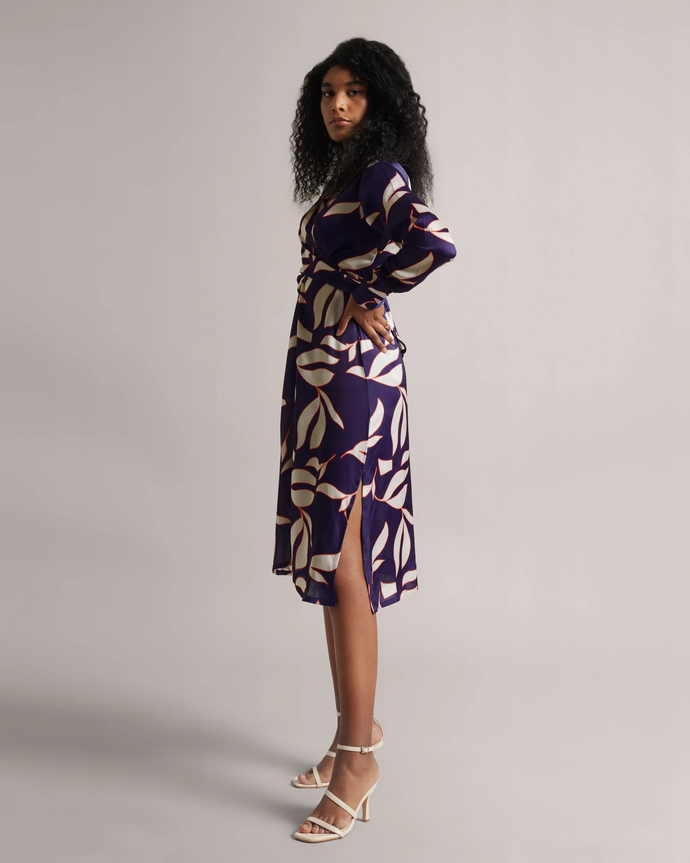 Purple Satin Wrap Midi Dress with Side Slit