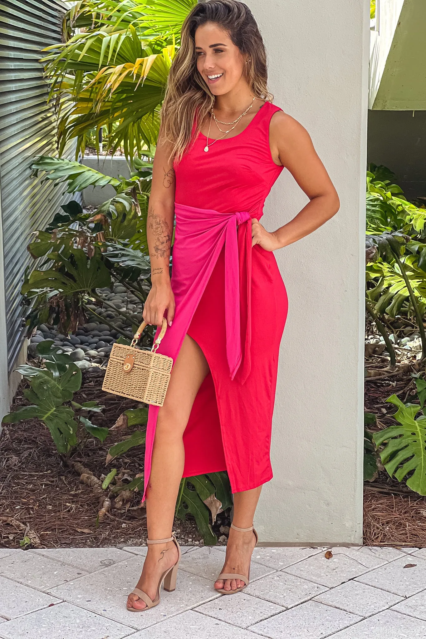 Red And Pink Wrap Dress With Slit