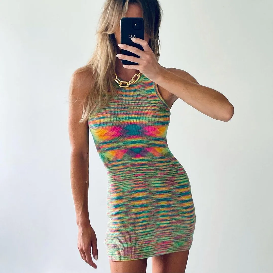 Sexy Sleeves Colorful Knitting Mini Dresses