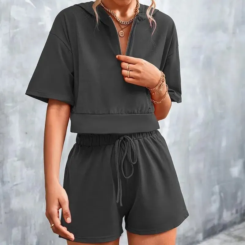 Solid Hooded Zip Casual Shorts Set