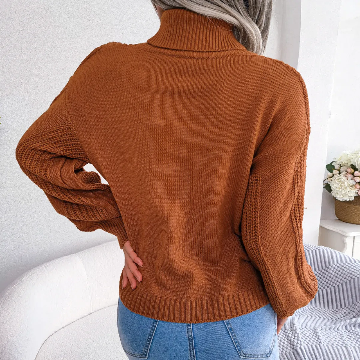 Solid Turtleneck Lantern Sleeve Cable Knit Sweater