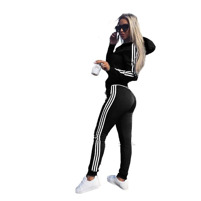 Triple Side Stripe Hooded Zip Jacket & Jogger Pants Sports Set