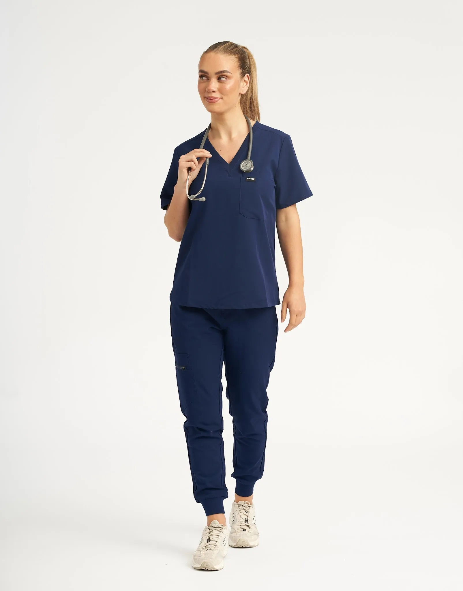 True Navy One Pocket V Neck and Scrub Jogger Set