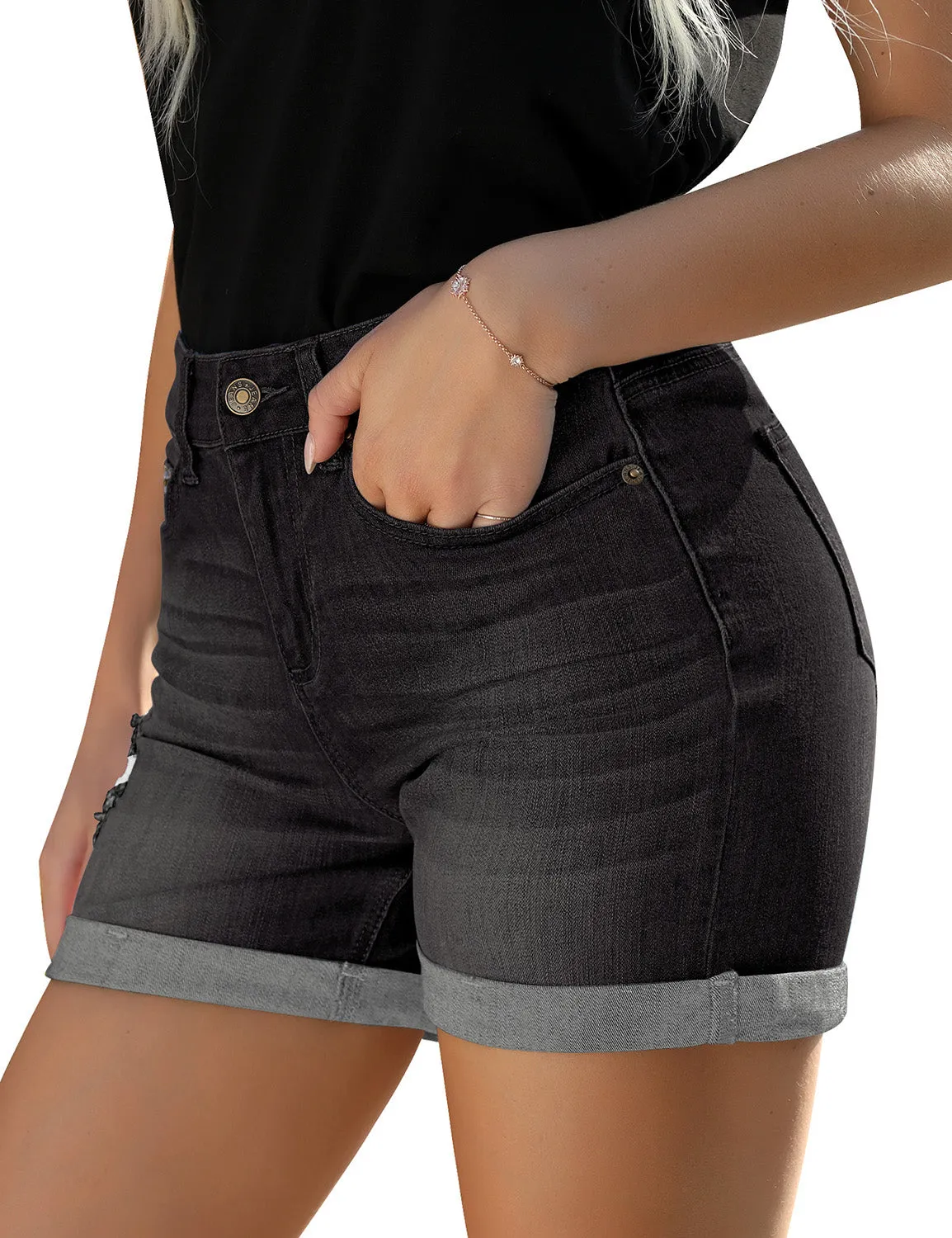 Vetinee High Rise Stretchy Folded Hem Denim Shorts for Women Casual Jean Shorts