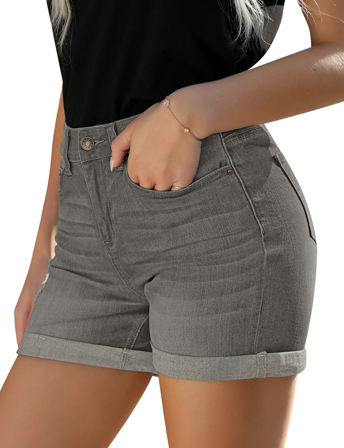 Vetinee High Rise Stretchy Folded Hem Denim Shorts for Women Casual Jean Shorts