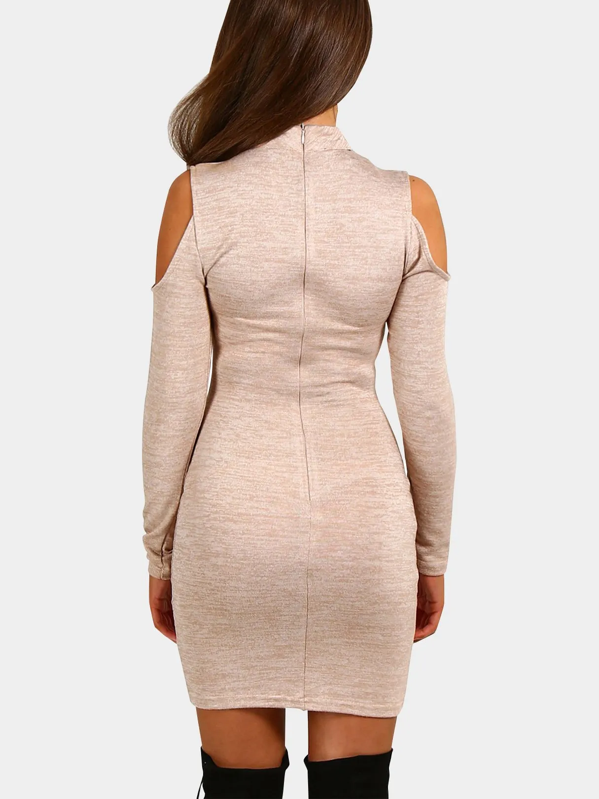 Wholesale Apricot High Neck Cold Shoulder Long Sleeve Mini Dresses