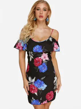 Wholesale Black Cold Shoulder Short Sleeve Floral Print Mini Dresses