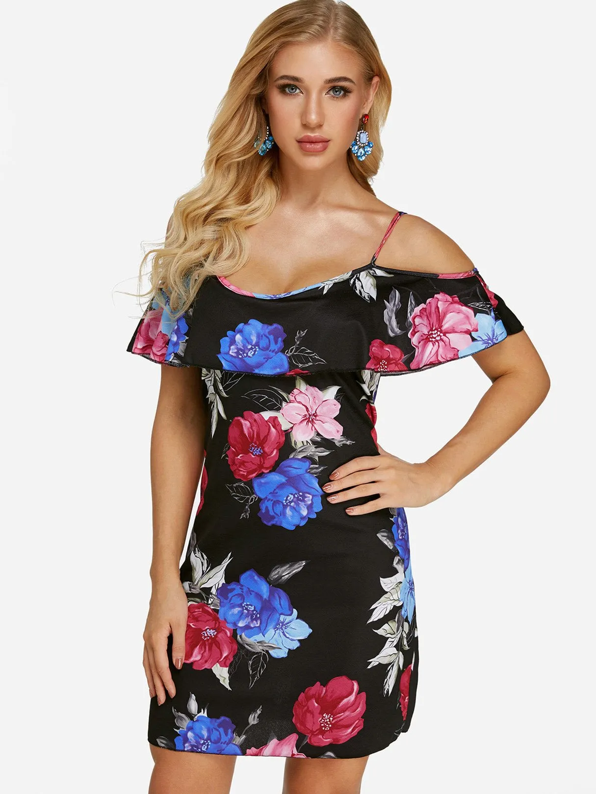 Wholesale Black Cold Shoulder Short Sleeve Floral Print Mini Dresses