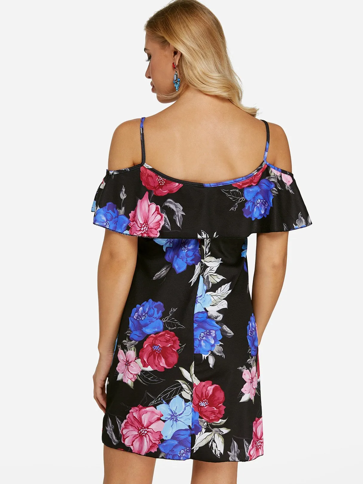 Wholesale Black Cold Shoulder Short Sleeve Floral Print Mini Dresses