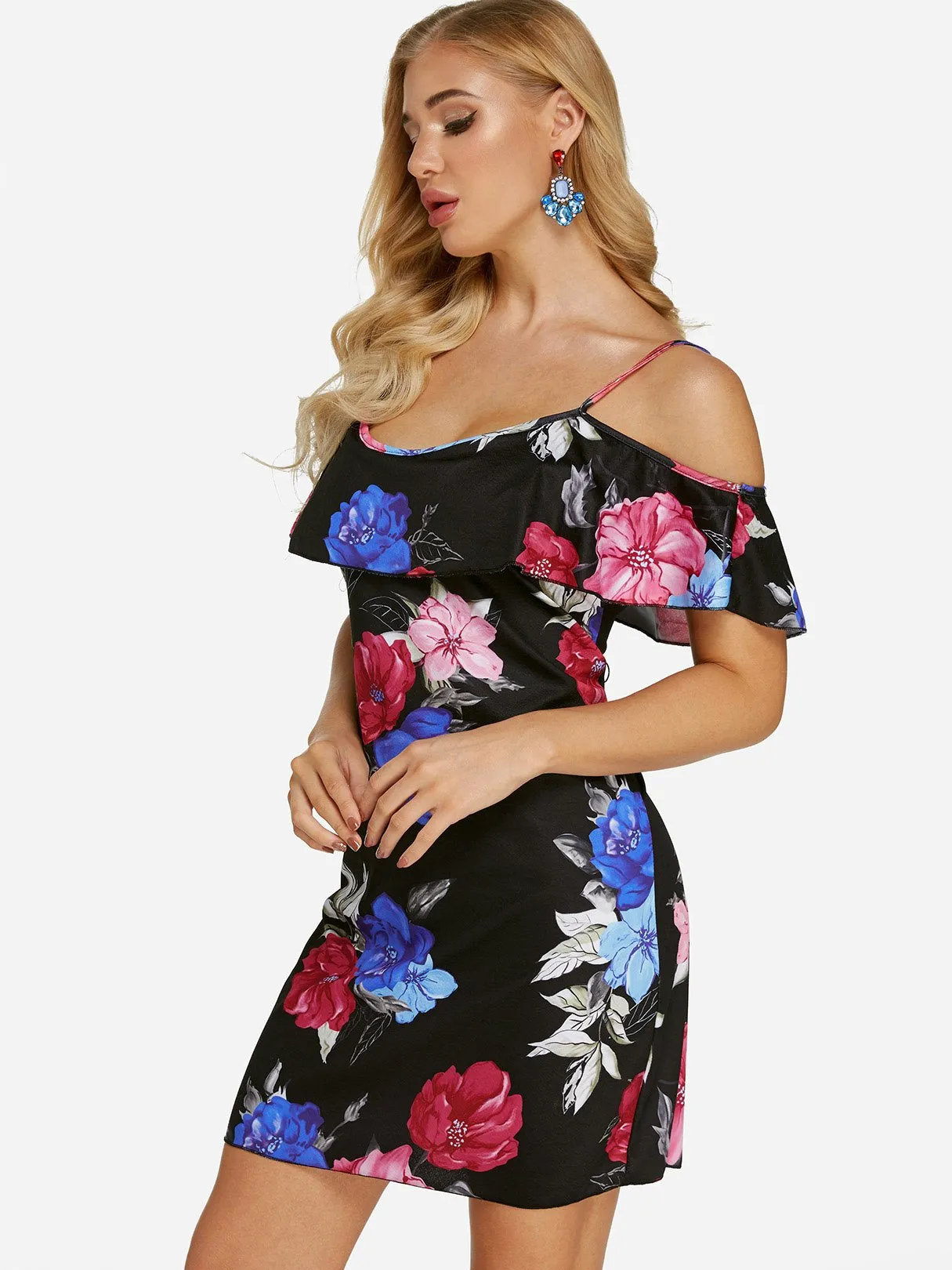 Wholesale Black Cold Shoulder Short Sleeve Floral Print Mini Dresses