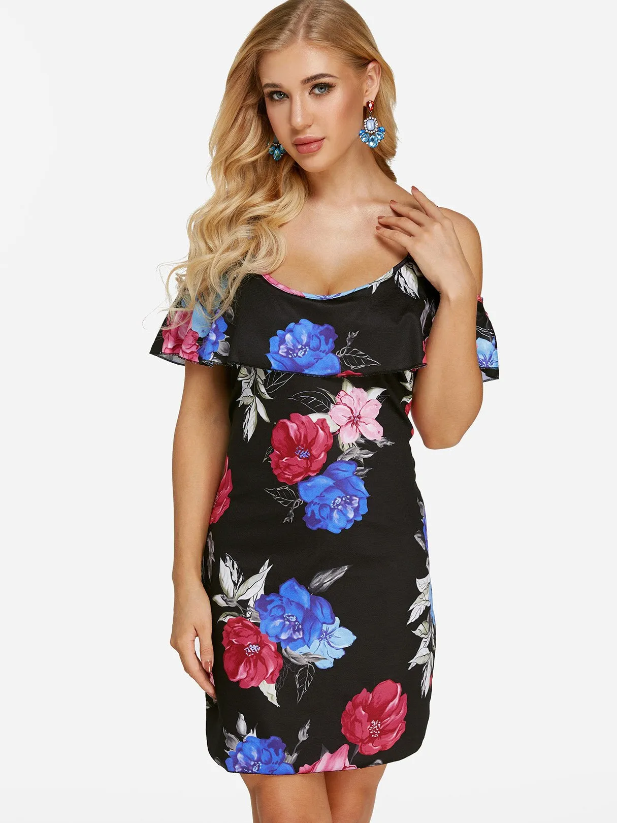 Wholesale Black Cold Shoulder Short Sleeve Floral Print Mini Dresses