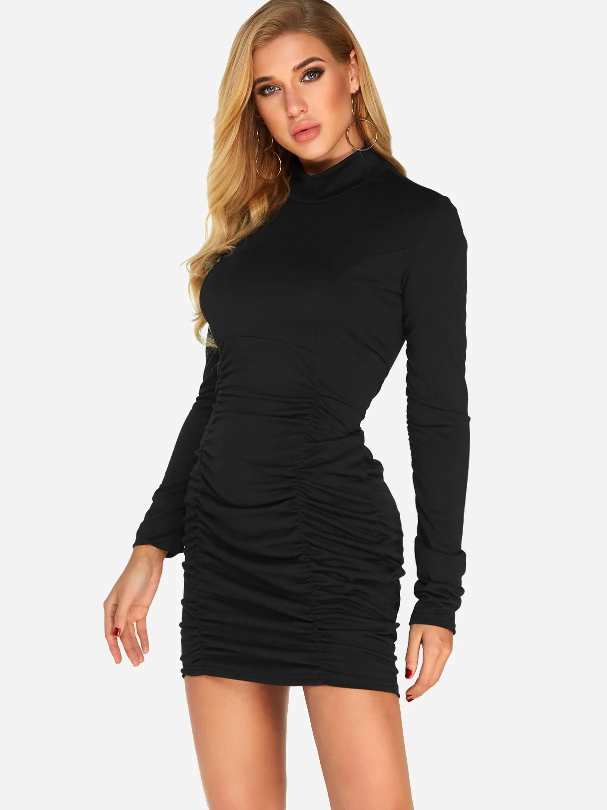 Wholesale Black High Neck Long Sleeve Plain Pleated Mini Dresses