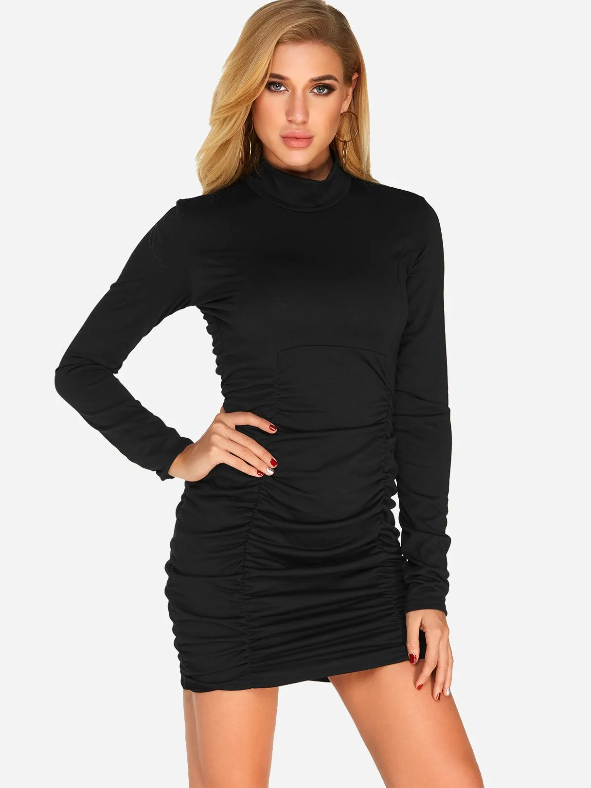 Wholesale Black High Neck Long Sleeve Plain Pleated Mini Dresses