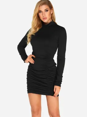 Wholesale Black High Neck Long Sleeve Plain Pleated Mini Dresses