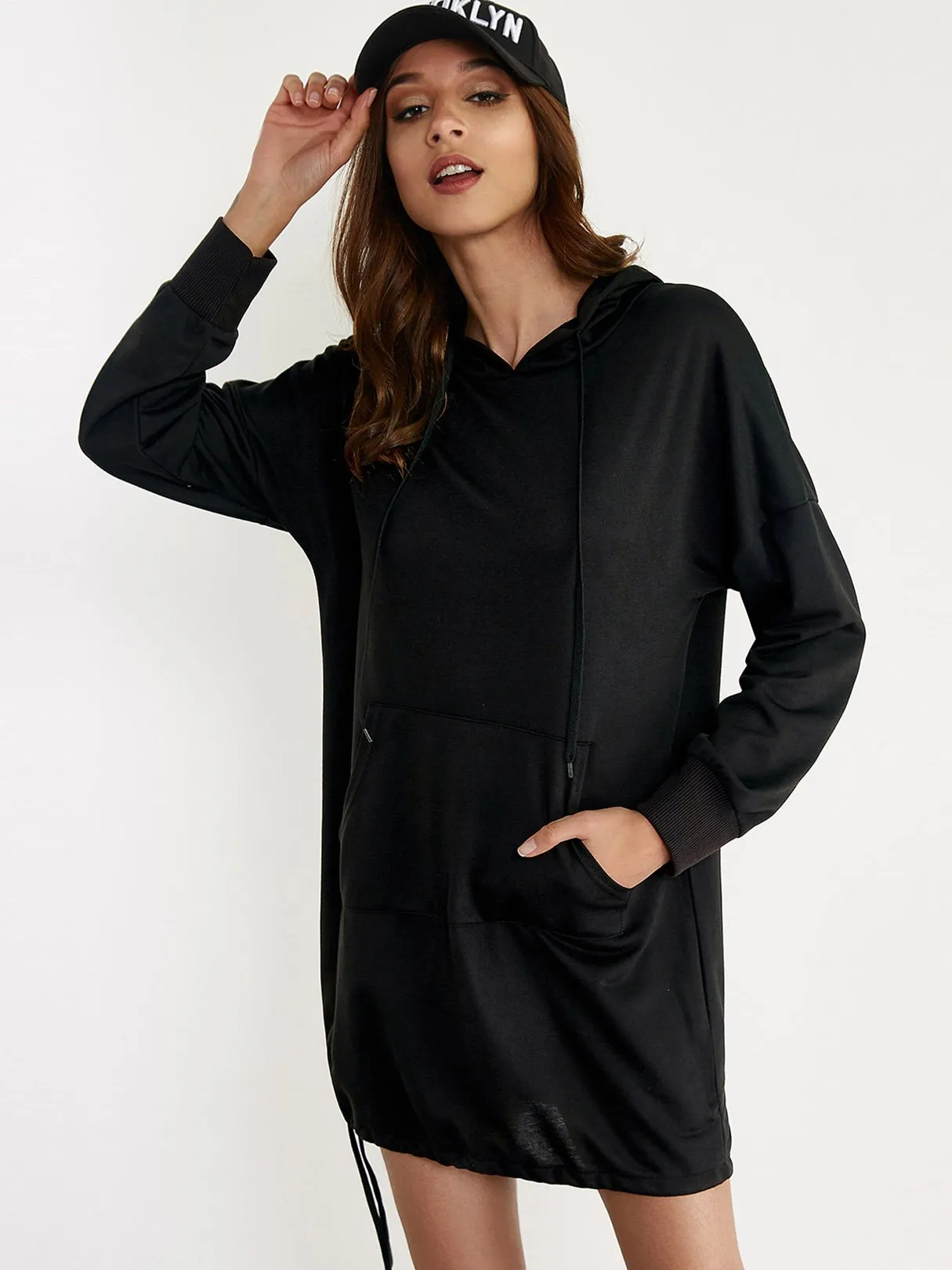 Wholesale Black Long Sleeve Plain Hooded Mini Dresses