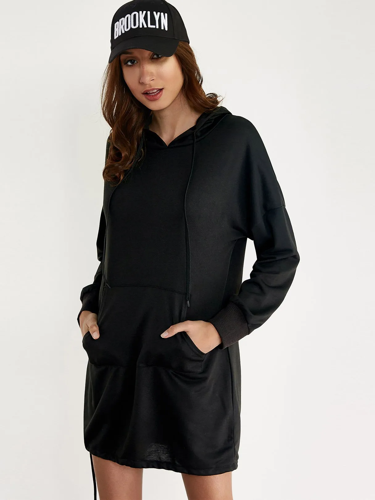 Wholesale Black Long Sleeve Plain Hooded Mini Dresses