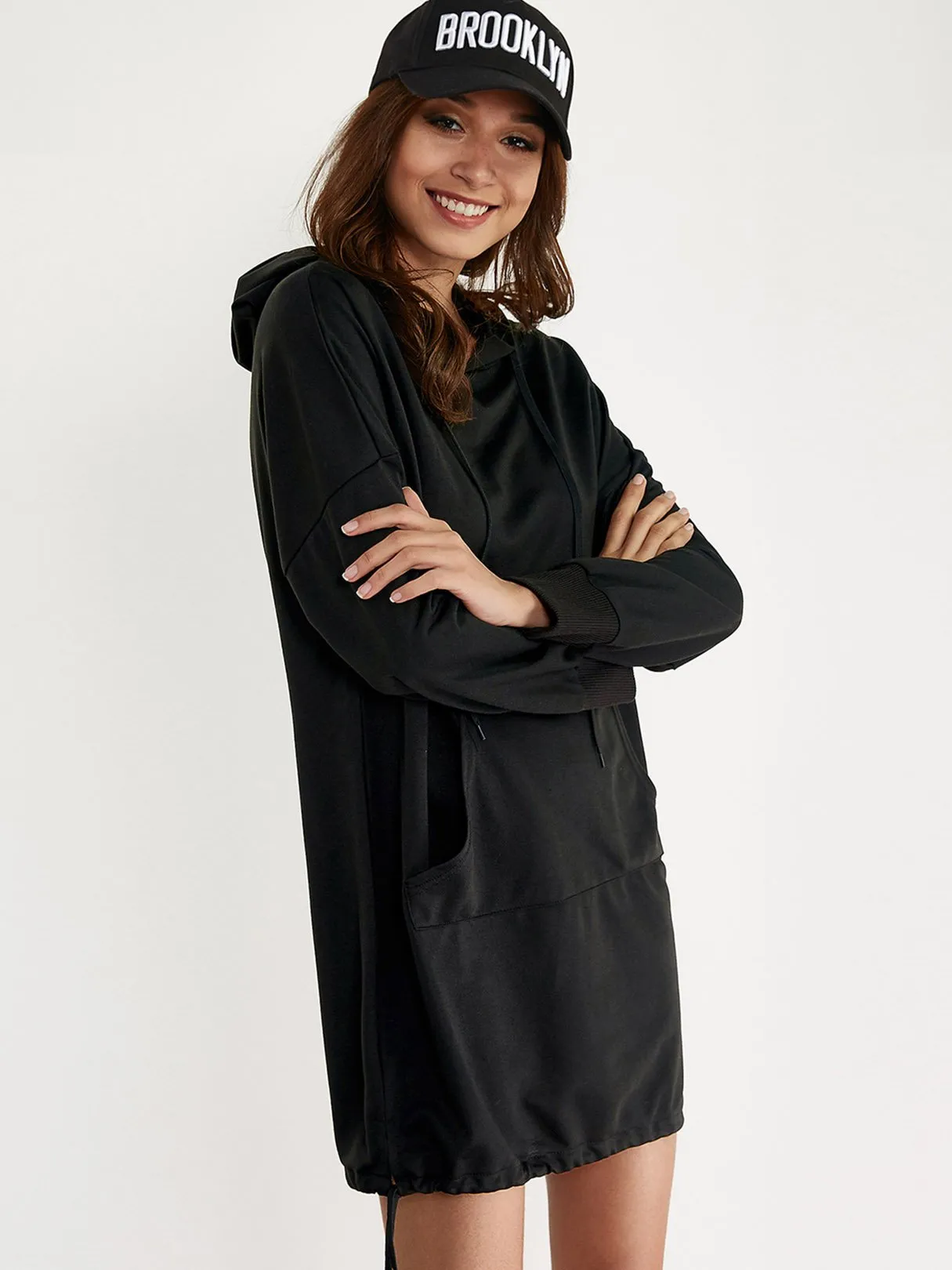 Wholesale Black Long Sleeve Plain Hooded Mini Dresses