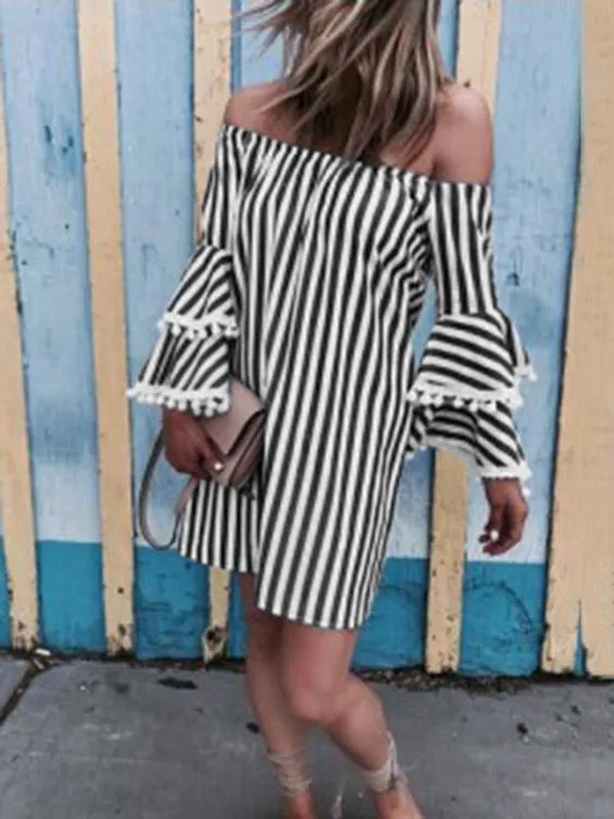 Wholesale Black Off The Shoulder Long Sleeve Stripe Fashion Mini Dress