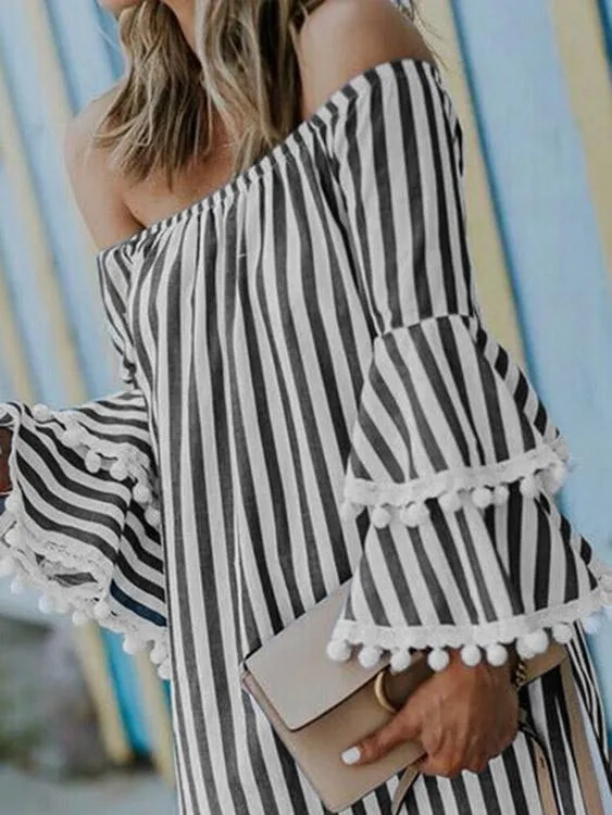 Wholesale Black Off The Shoulder Long Sleeve Stripe Fashion Mini Dress