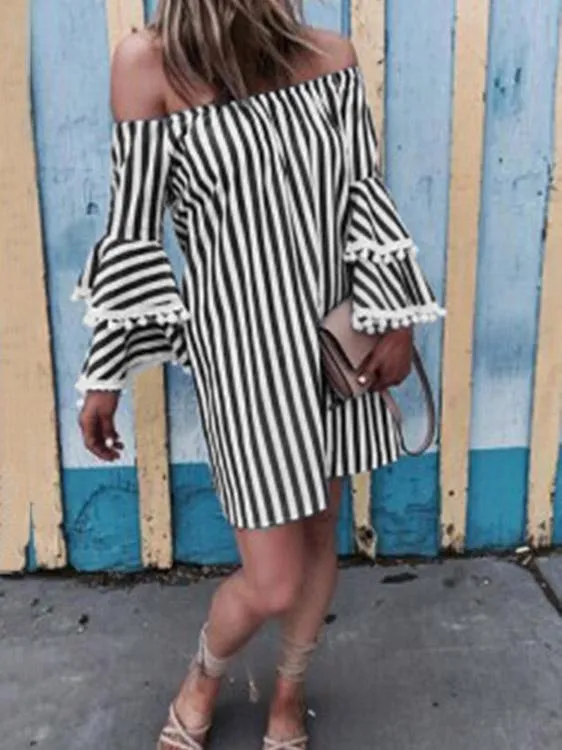 Wholesale Black Off The Shoulder Long Sleeve Stripe Fashion Mini Dress