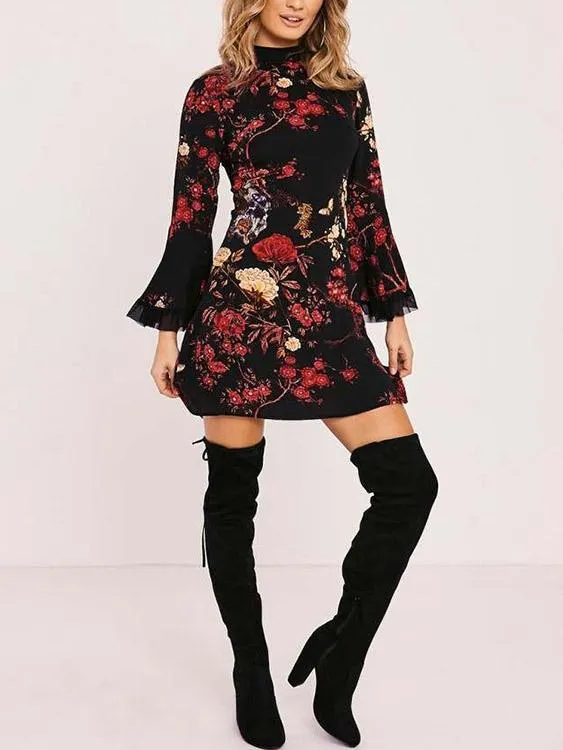 Wholesale Black Perkins Collar Long Sleeve Floral Print Curved Hem Mini Dresses