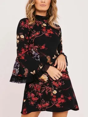 Wholesale Black Perkins Collar Long Sleeve Floral Print Curved Hem Mini Dresses