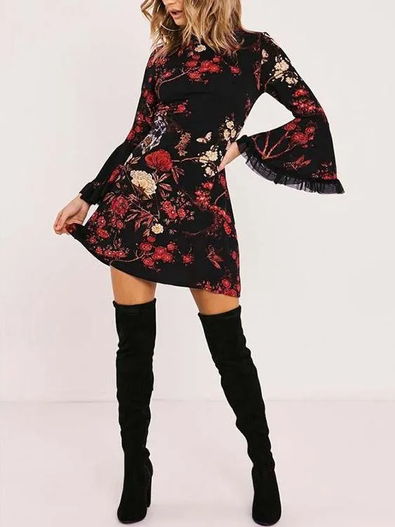 Wholesale Black Perkins Collar Long Sleeve Floral Print Curved Hem Mini Dresses