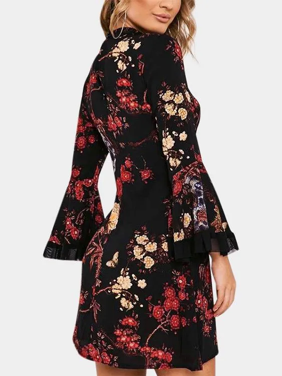 Wholesale Black Perkins Collar Long Sleeve Floral Print Curved Hem Mini Dresses