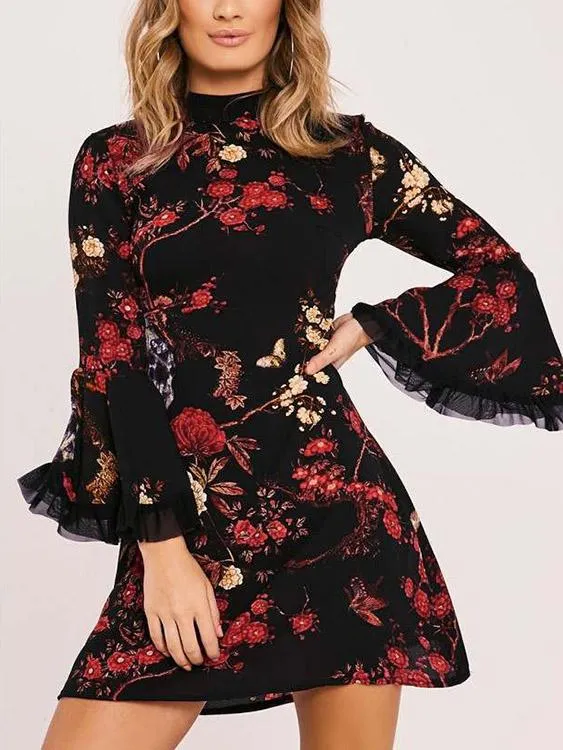 Wholesale Black Perkins Collar Long Sleeve Floral Print Curved Hem Mini Dresses