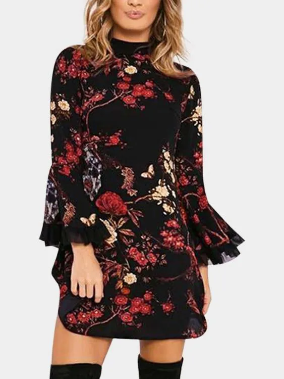 Wholesale Black Perkins Collar Long Sleeve Floral Print Curved Hem Mini Dresses