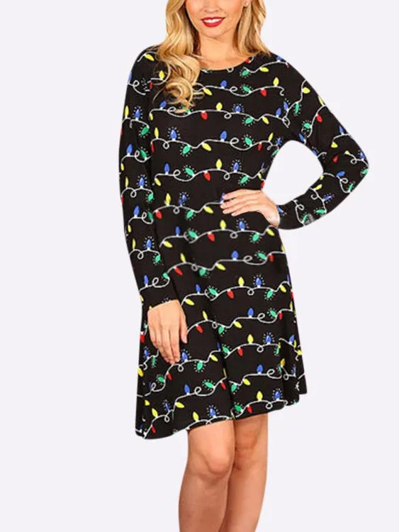 Wholesale Black Round Neck Long Sleeve Floral Print Fashion Mini Dress