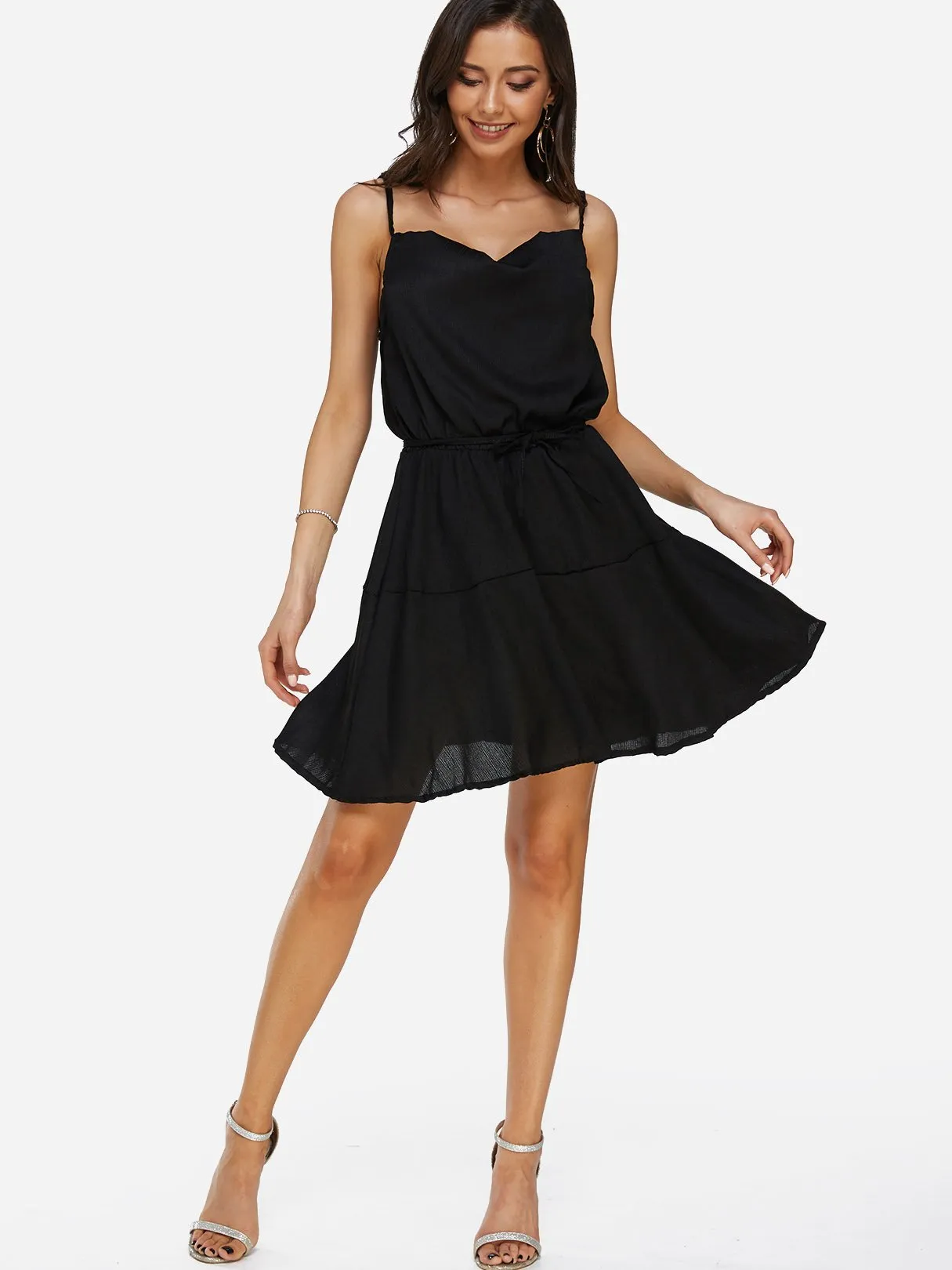 Wholesale Black V-Neck Sleeveless Plain Backless Pleated Spaghetti Strap Self-Tie Ruffle Hem Mini Dress