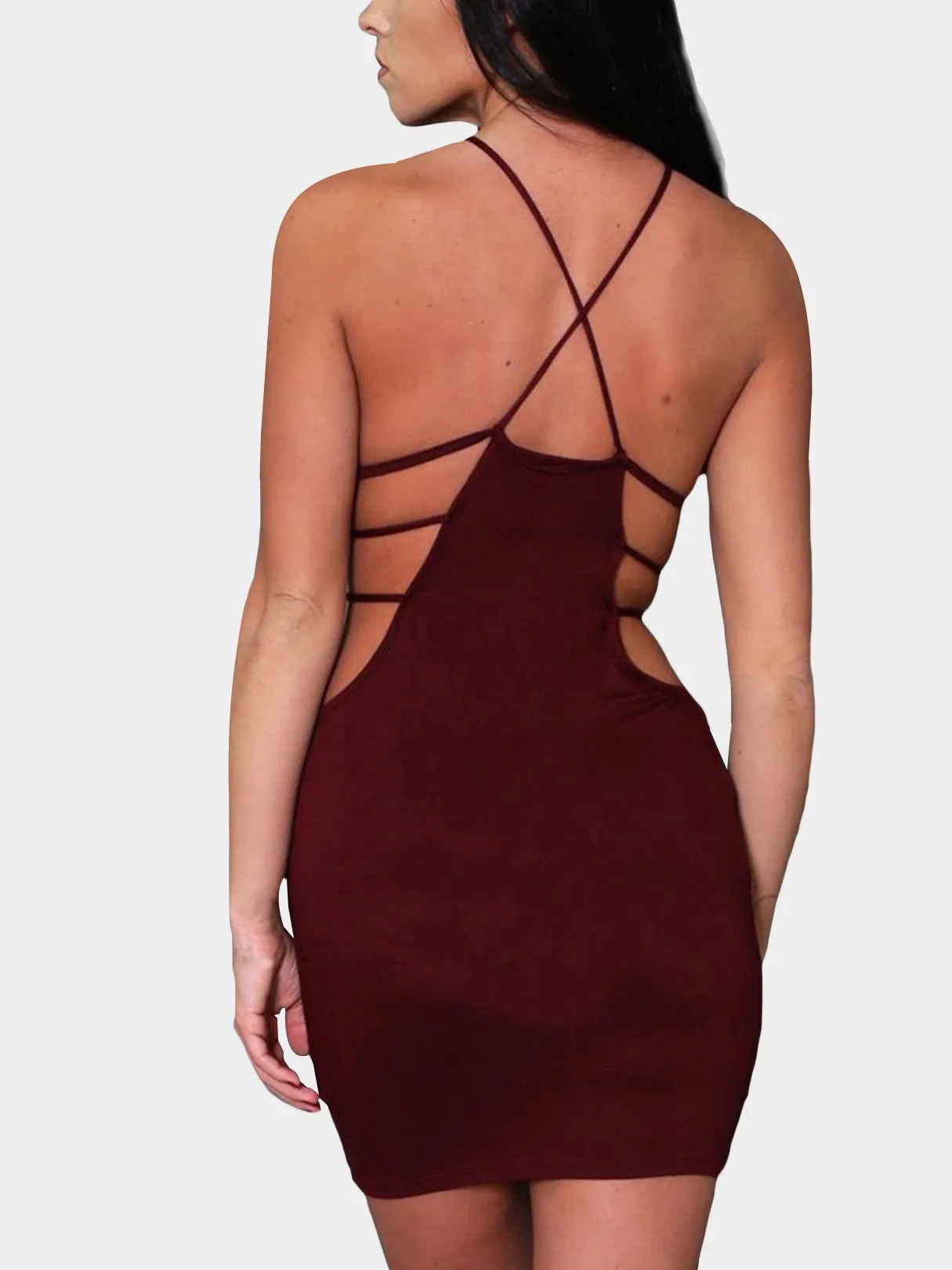 Wholesale Burgundy Halter Sleeveless Lace-Up Cut Out Bodycon Mini Dress