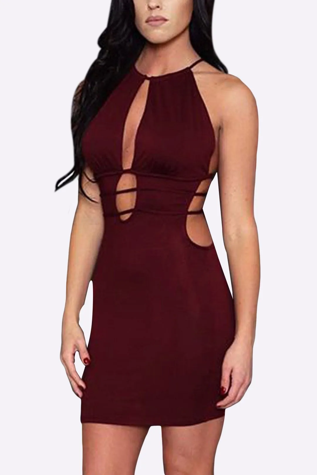 Wholesale Burgundy Halter Sleeveless Lace-Up Cut Out Bodycon Mini Dress