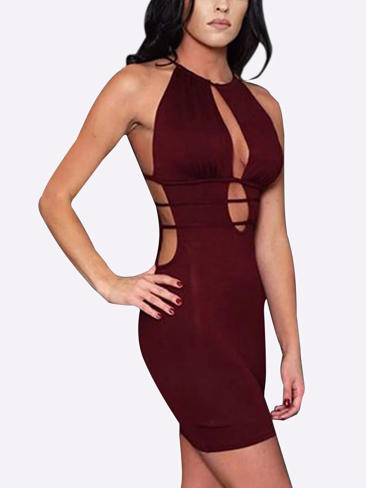 Wholesale Burgundy Halter Sleeveless Lace-Up Cut Out Bodycon Mini Dress