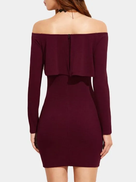 Wholesale Burgundy Off The Shoulder Long Sleeve Zip Back Bodycon Mini Dress