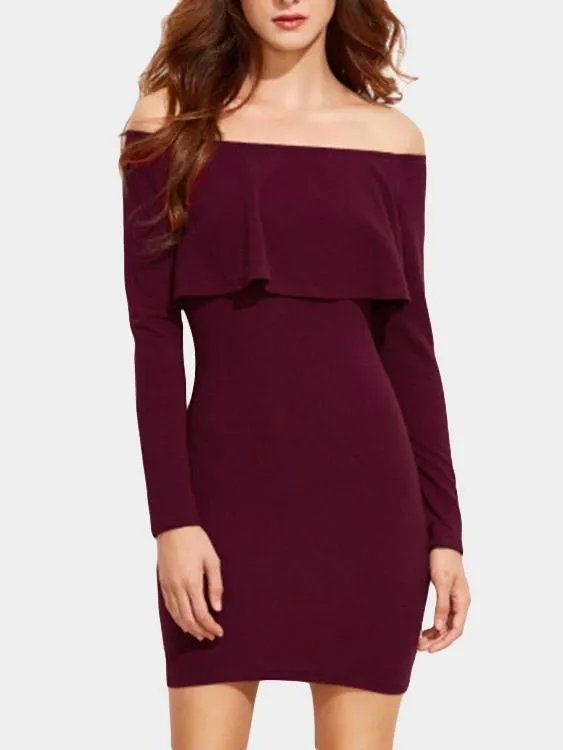 Wholesale Burgundy Off The Shoulder Long Sleeve Zip Back Bodycon Mini Dress