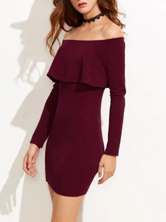 Wholesale Burgundy Off The Shoulder Long Sleeve Zip Back Bodycon Mini Dress