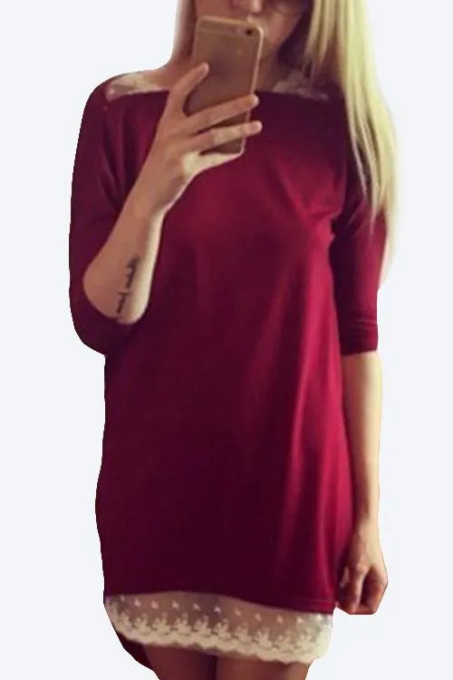 Wholesale Burgundy Round Neck Long Sleeve Lace Irregular Hem Fashion Mini Dress