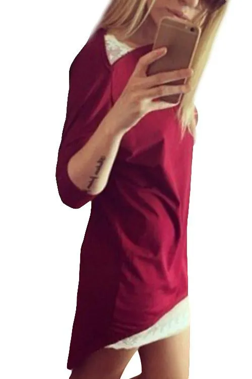 Wholesale Burgundy Round Neck Long Sleeve Lace Irregular Hem Fashion Mini Dress