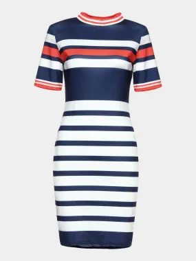 Wholesale Crew Neck Short Sleeve Stripe Mini Dress