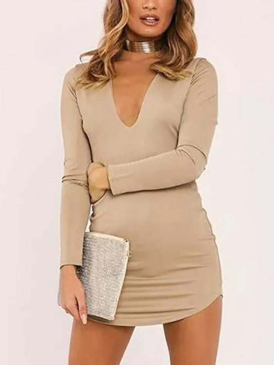 Wholesale Deep V Neck Pullover Plain Long Sleeve Curved Hem Khaki Mini Dress