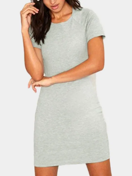 Wholesale Gray Round Neck Short Sleeve Plain Backless Mini Dresses