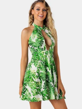 Wholesale Green Crew Neck Halter Sleeveless Printed Zip Back Backless Cut Out Mini Dress