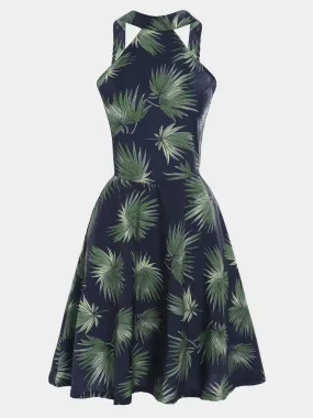 Wholesale Green Halter Sleeveless Floral Print Backless Mini Dress