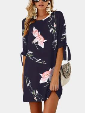 Wholesale Navy Floral Print Round Neck Half Sleeve Self-Tie Mini Dresses