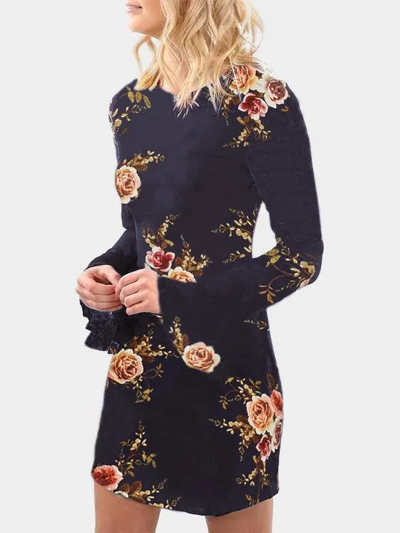 Wholesale Navy Floral Print Round Neck Long Sleeve Mini Dresses