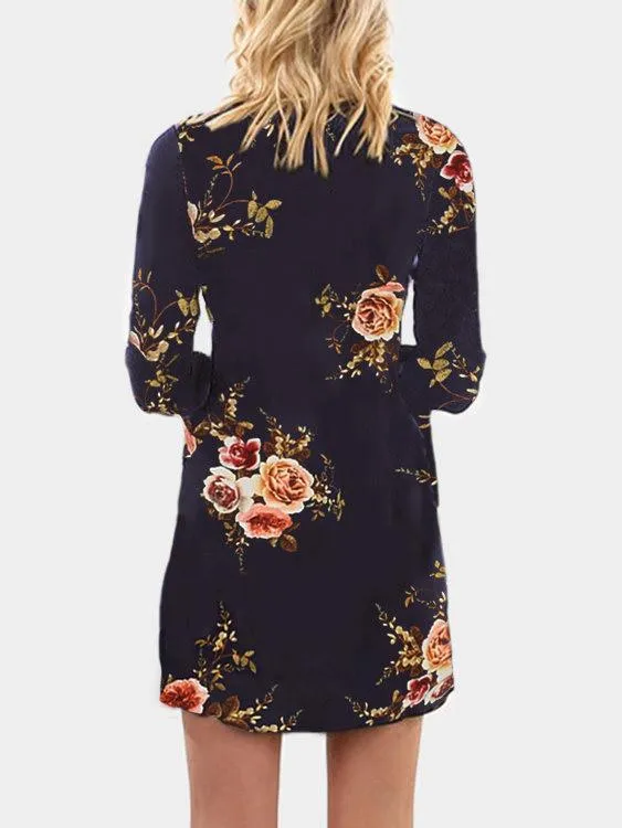 Wholesale Navy Floral Print Round Neck Long Sleeve Mini Dresses