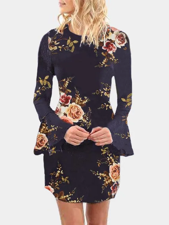 Wholesale Navy Floral Print Round Neck Long Sleeve Mini Dresses