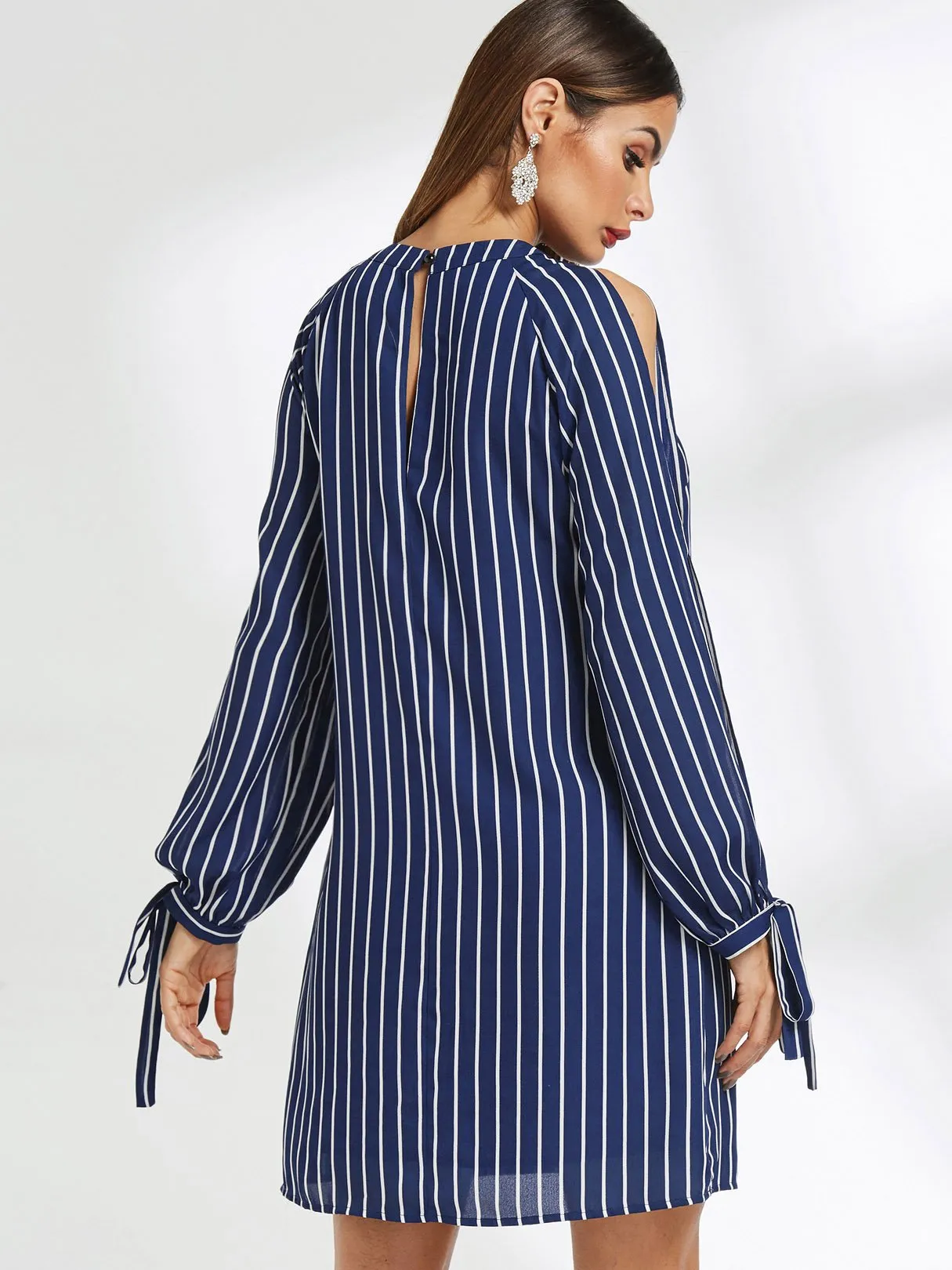 Wholesale Navy Round Neck Long Sleeve Stripe Cut Out Self-Tie Mini Dress